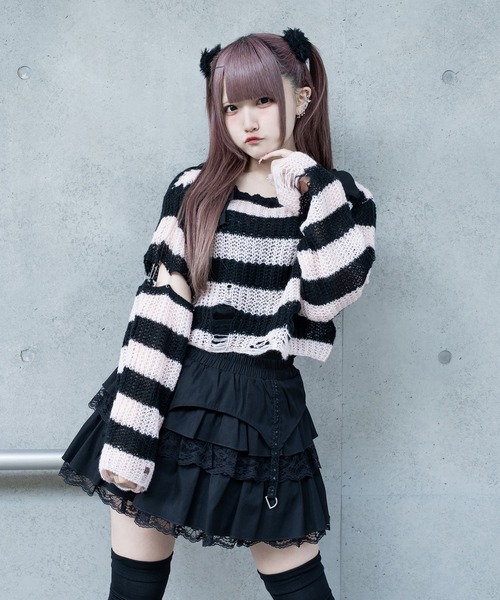 Pal elfy ニット セーター リボンボーダーダメージ透かしニット