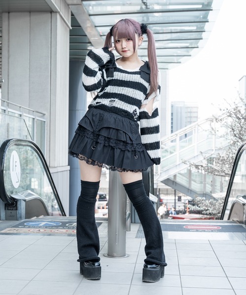 Pal elfy ニット セーター リボンボーダーダメージ透かしニット