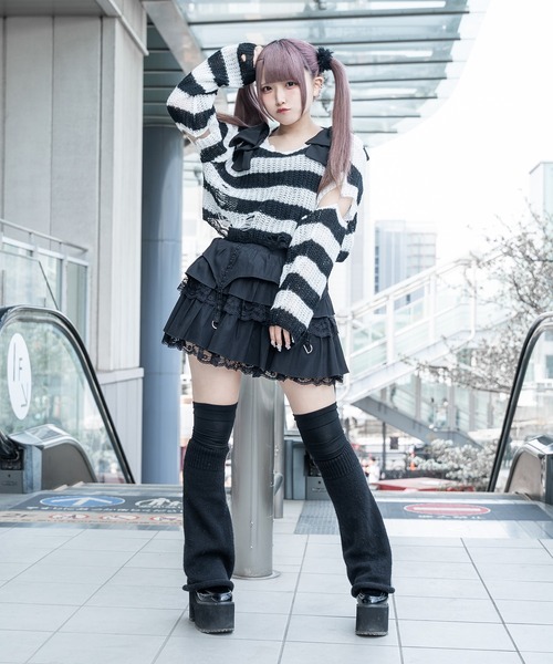 Pal elfy ニット セーター リボンボーダーダメージ透かしニット