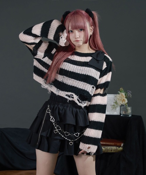 リボンボーダーダメージ透かしニット パルエルフィー pal elfy セール】リボンボーダーダメージ透かしニット（ニット/セーター