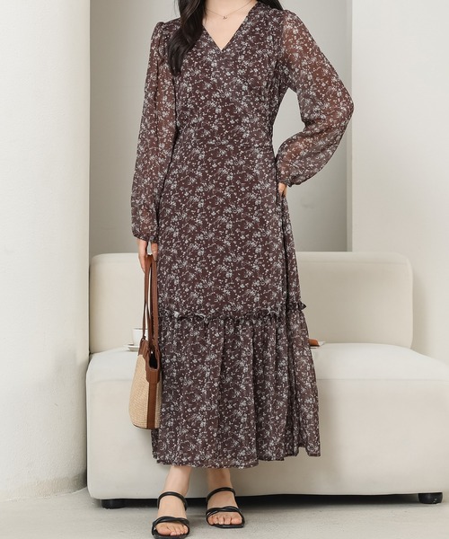 Lace Ladies ワンピース 小花柄 Vネック シフォン ロング