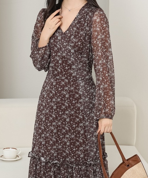 Lace Ladies ワンピース 小花柄 Vネック シフォン ロング