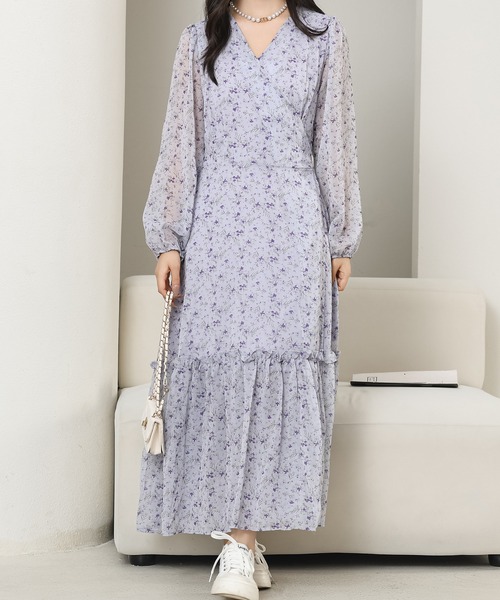 Lace Ladies ワンピース 小花柄 Vネック シフォン ロング
