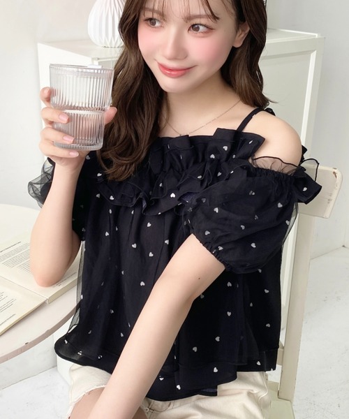 シースルー黒フリル半袖ブラウス美品 フリル半袖ブラウス | outlet | axes femme online shop