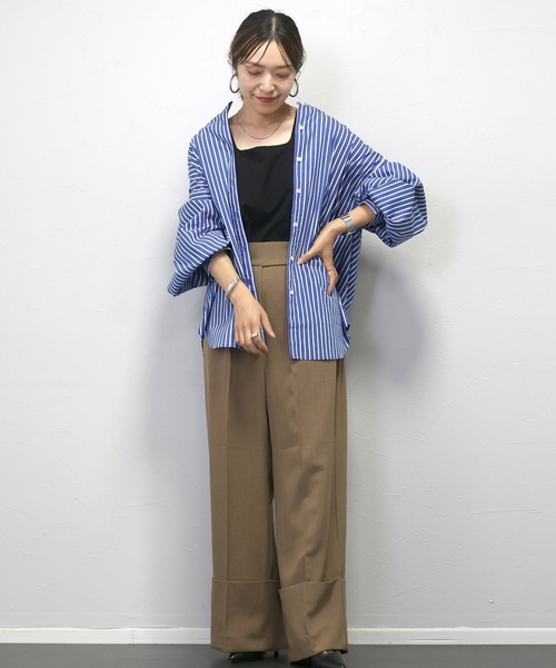 Aletta vita ブラウス シャツ バンドカラー2WAYスリーブストライプ
