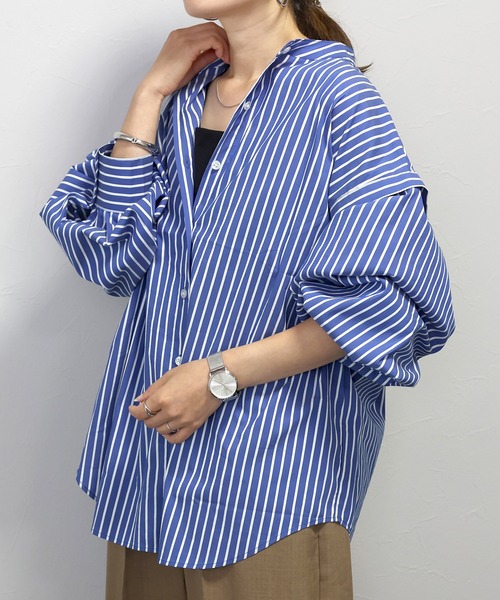 Aletta vita ブラウス シャツ バンドカラー2WAYスリーブストライプ