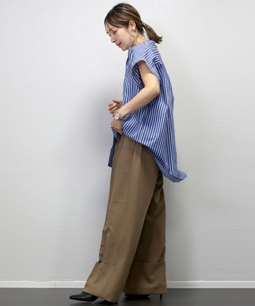 Aletta vita ブラウス シャツ バンドカラー2WAYスリーブストライプ