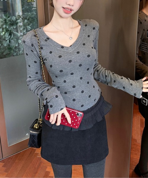 tシャツ ドット柄VネックフリルヘムロングスリーブTシャツ レディース tシャツ ドット柄VネックフリルヘムロングスリーブTシャツ