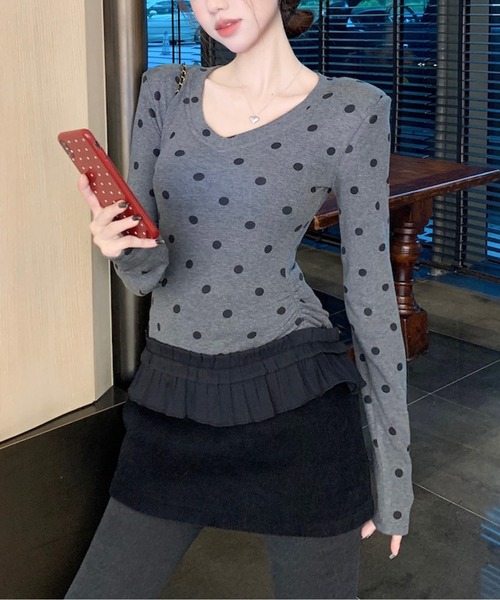 tシャツ ドット柄VネックフリルヘムロングスリーブTシャツ レディース tシャツ ドット柄VネックフリルヘムロングスリーブTシャツ