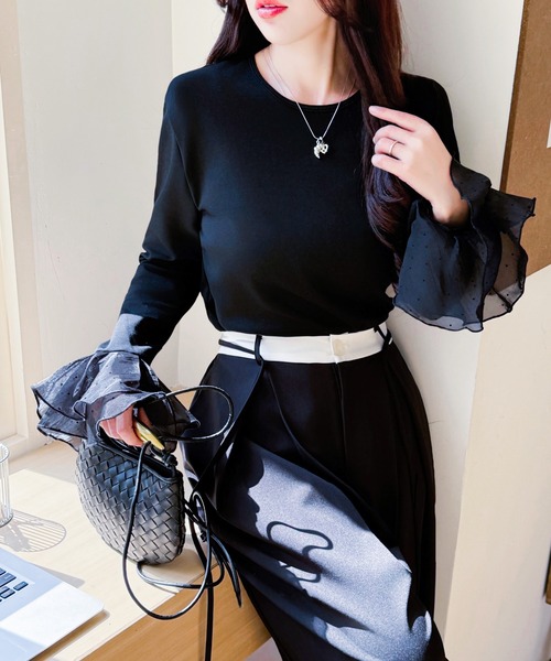 tシャツ レディース フリル袖 レイヤード風カットソー 長袖 異素材MIX