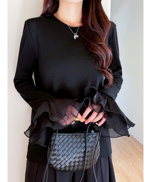 tシャツ レディース フリル袖 レイヤード風カットソー 長袖 異素材MIX