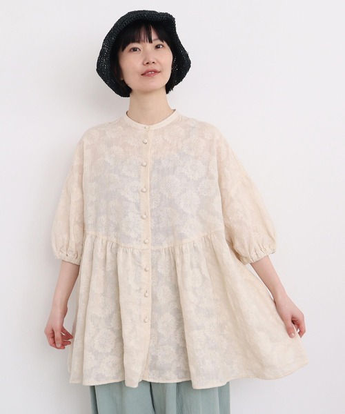 ブラウス シャツ 線画のお花ラミー刺繍　まるブラウス レディース l'atelier du savon ブラウス シャツ 線画のお花ラミー刺繍 まる
