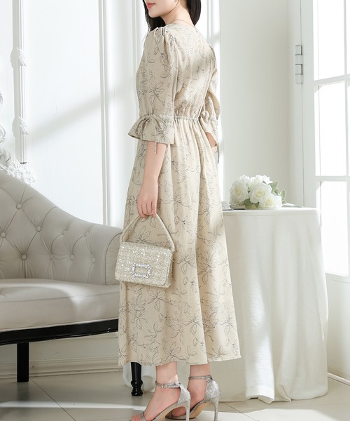 Lace Ladies ワンピース ボタニカル柄 Vネック キャンディスリーブ 6分