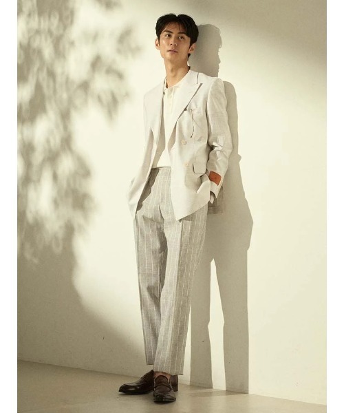 90s イタリア製 LANVIN 2タック リネンスラックス グレーストライプ TORO ストライプ2タックワイドパンツ（スラックス）｜417
