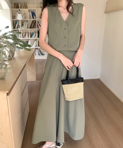 レディース きれいめ叶うセットアップ。ショート丈ジレベスト+ワイドパンツ 上下2点セット セール】レディース きれいめ叶うセットアップ。ショート丈