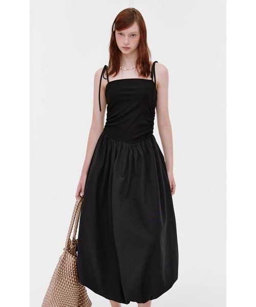 DKNY ★ 異素材ミックス バブルシルエット ワンピース クロスデザインナローシルエットワンピースパーティードレス
