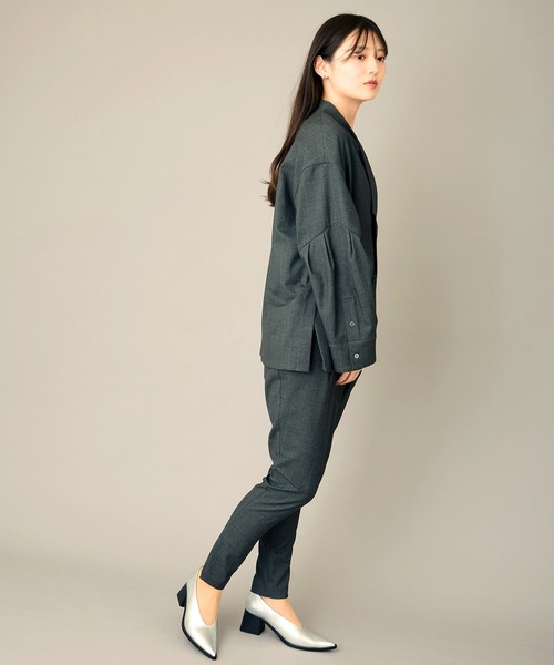 ダークグリーン ストライプ サルエルパンツ 裾の丸みが可愛い＊個性派シルエット＊動きにニュアンスを添える