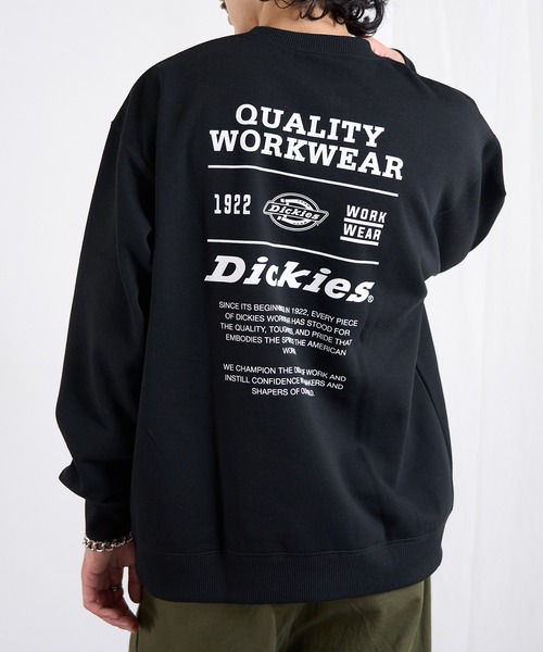 腕ストライプデザイン ロゴ入り ブラックトレーナー Dickies（ディッキーズ） トレーナー スウェット 「Dickies」「別注