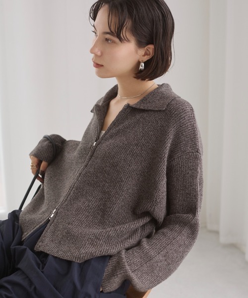ANGIE カーディガン ダブルジップ ポロニット カーディガン レディース