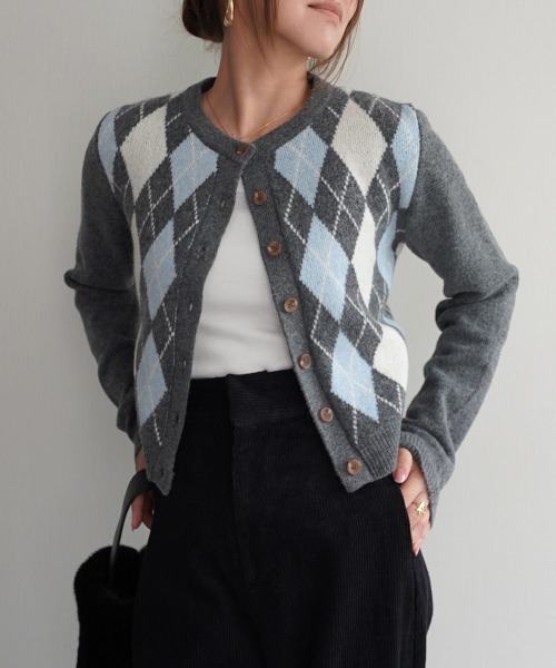 Rashik カーディガン アーガイルニットカーディガン レディース