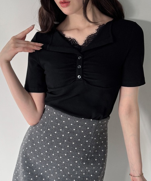 JUNOAH（ジュノア） ヘンリーネック tシャツ 半袖 フロントレース