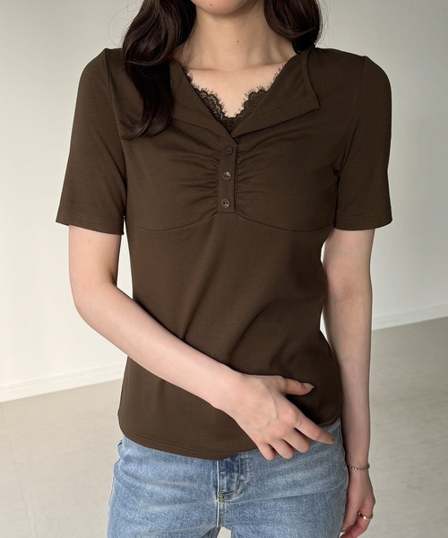 JUNOAH（ジュノア） ヘンリーネック tシャツ 半袖 フロントレース
