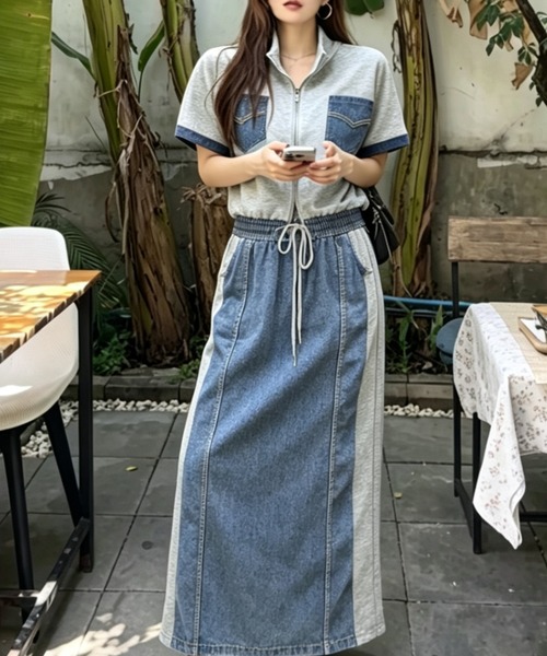 FAVORITO セットアップ デニム切り替えスウェットトップススカート