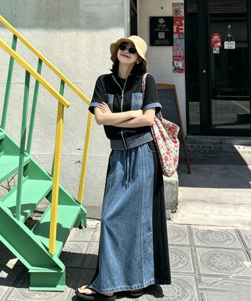 FAVORITO セットアップ デニム切り替えスウェットトップススカート
