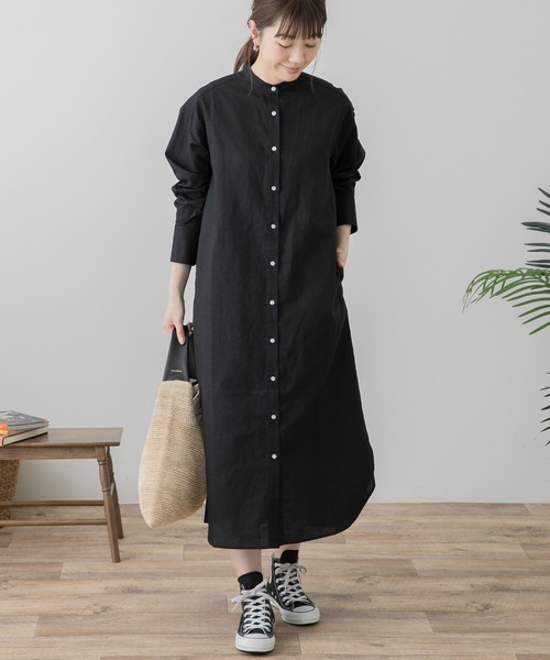 税込 ブラック リネンスタンドカラーシャツワンピース 格安通販 V2 Lareviewofbooks Org