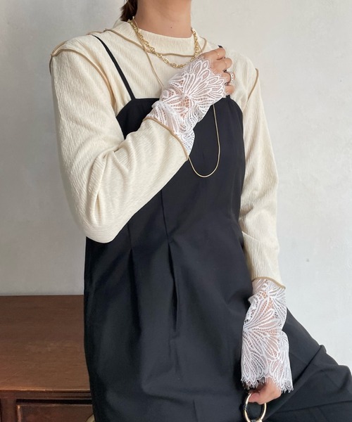 DouDouレース袖 ブラック Tシャツ DouDou tシャツ Tシャツ レース切替袖メロートップス : ZOZOTOWN