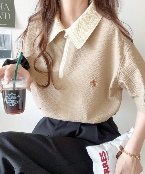 tシャツ 「Javaジャバコラボ」一点投入で好印象コーデ。ワンポイント刺繍サッカー素材ハーフジッププルオーバー レディース | Java | 17