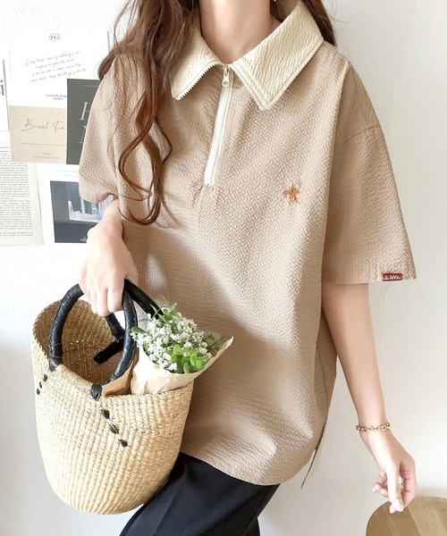 tシャツ 「Javaジャバコラボ」一点投入で好印象コーデ。ワンポイント刺繍サッカー素材ハーフジッププルオーバー レディース | Java | 18