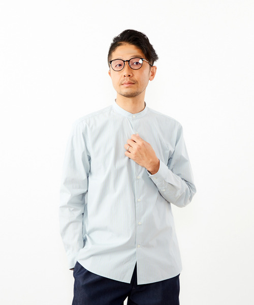 MEN'S MELROSE シャツ クラシックストライプバンドカラーシャツ