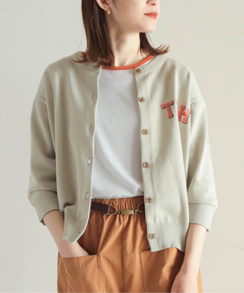 ニット セーター ロブスター刺繍　クルーネック7分袖カーデ レディース