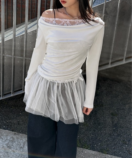 tシャツ 「LVEU.」シアーニット＆キャミソールセット / トップス メッシュ シアー レース 長袖 キャミ キャミソール セット アシメ アシンメ LVEU. tシャツ 「LVEU.」メロウレースシアートップス / トップス