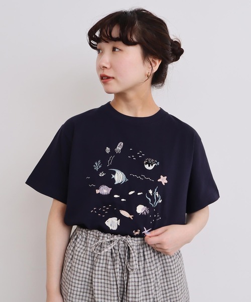 tシャツ 集まる海のさかな　刺繍Tシャツ レディース