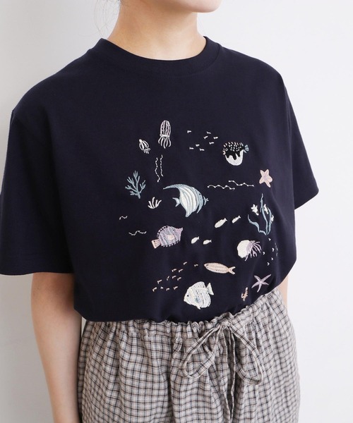 美品 アトリエドゥサボン good morning 刺繍ブラウス 海 魚 美品☆アトリエドゥサボン 海の生き物 刺繍ブラウス タコ
