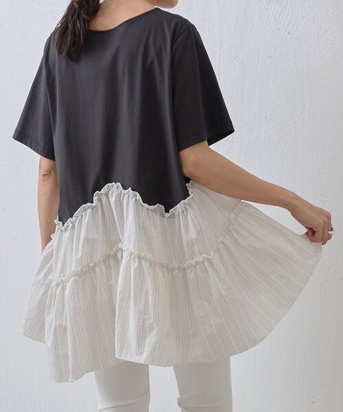 tシャツ マルウェーブギャザーコンビTee レディース