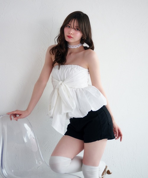 fupel 2wayバルーンペプラムリボンブラウス fupel ブラウス シャツ 2way balloon peplum ribbon blouse