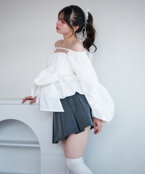 fupel ブラウス シャツ 2way balloon peplum ribbon blouse
