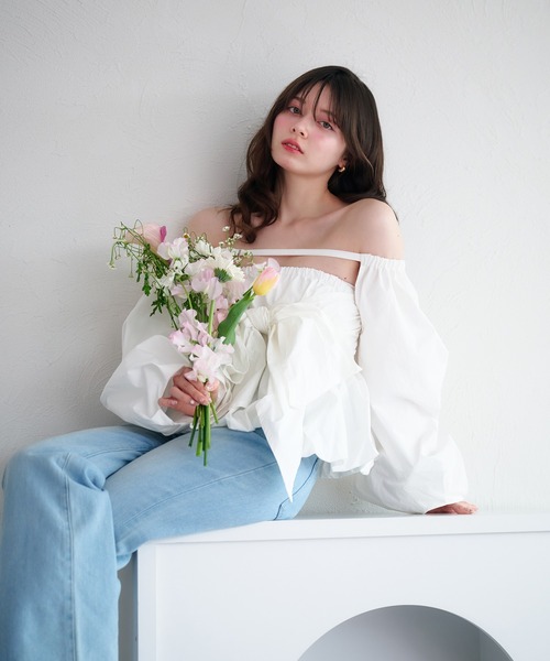 fupel ブラウス シャツ 2way balloon peplum ribbon blouse