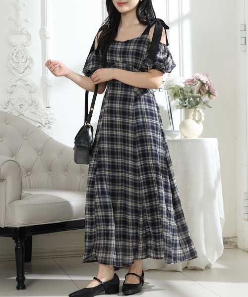 Lace Ladies ワンピース タータンチェック 肩リボン オフショル