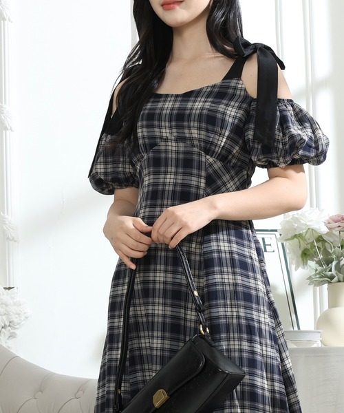 ◆Kenneth Lady タータンチェックシースルーワンピース Lace Ladies ワンピース タータンチェック 肩リボン オフショル