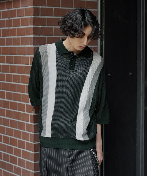 Bleme ポロシャツ レトロストライプ 半袖 メッシュニット メンズ