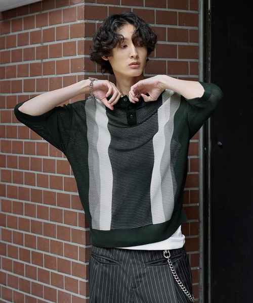 【BLACK】ストライプ メッシュ ニット ポロシャツ Bleme ポロシャツ レトロストライプ 半袖 メッシュニット ポロシャツ