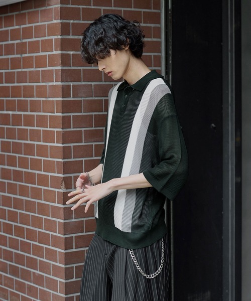 Bleme ポロシャツ レトロストライプ 半袖 メッシュニット ポロシャツ