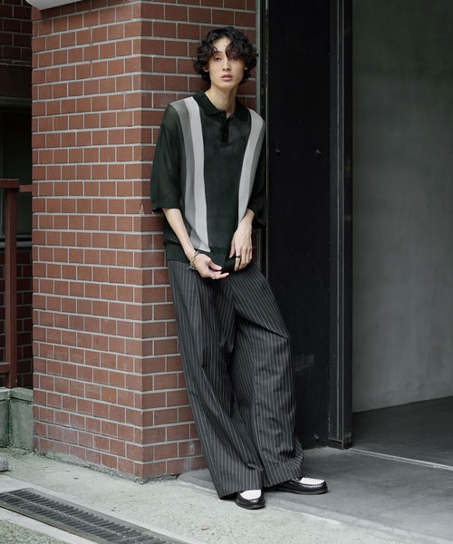 Bleme ポロシャツ レトロストライプ 半袖 メッシュニット ポロシャツ