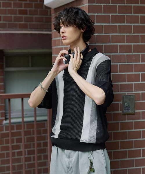 Bleme ポロシャツ レトロストライプ 半袖 メッシュニット ポロシャツ