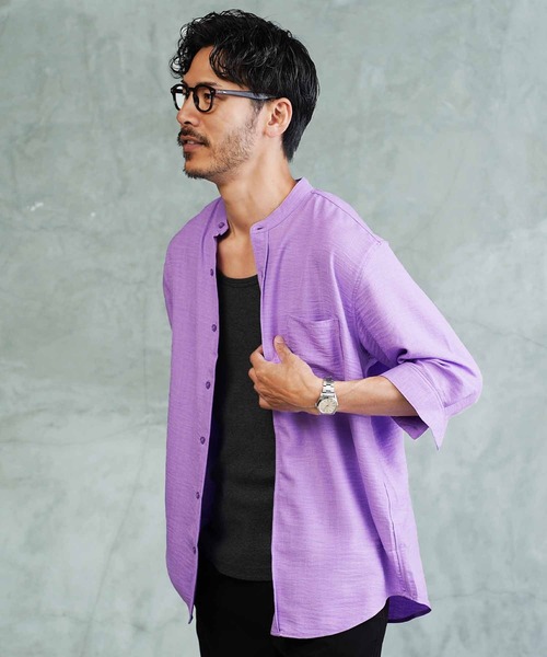 JIGGYS SHOP（ジギーズショップ） 七分袖 シャツ 麻タッチ バンド