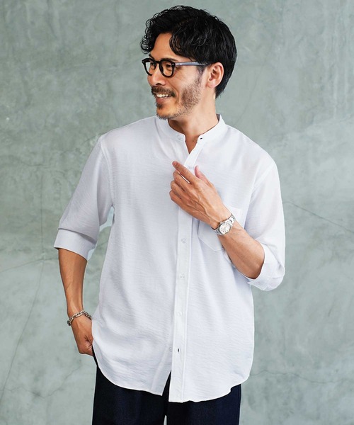 JIGGYS SHOP（ジギーズショップ） シャツ 麻タッチ バンドカラー 5分袖